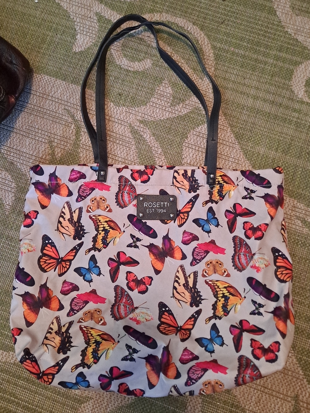 Rosetti Colorful Butterfly Print Tote in Cream with Black Straps